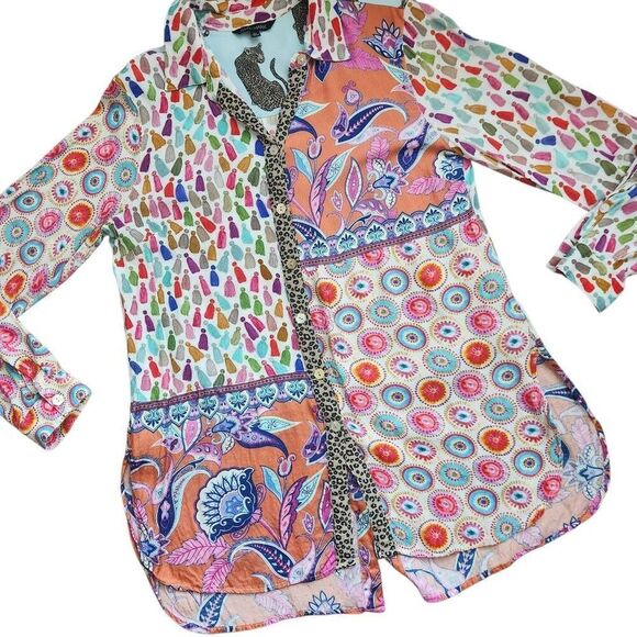 John Mark Tunic Top Womens Medium Button Front Boho Floral Leopard Paisley Anima - Picture 1 of 5